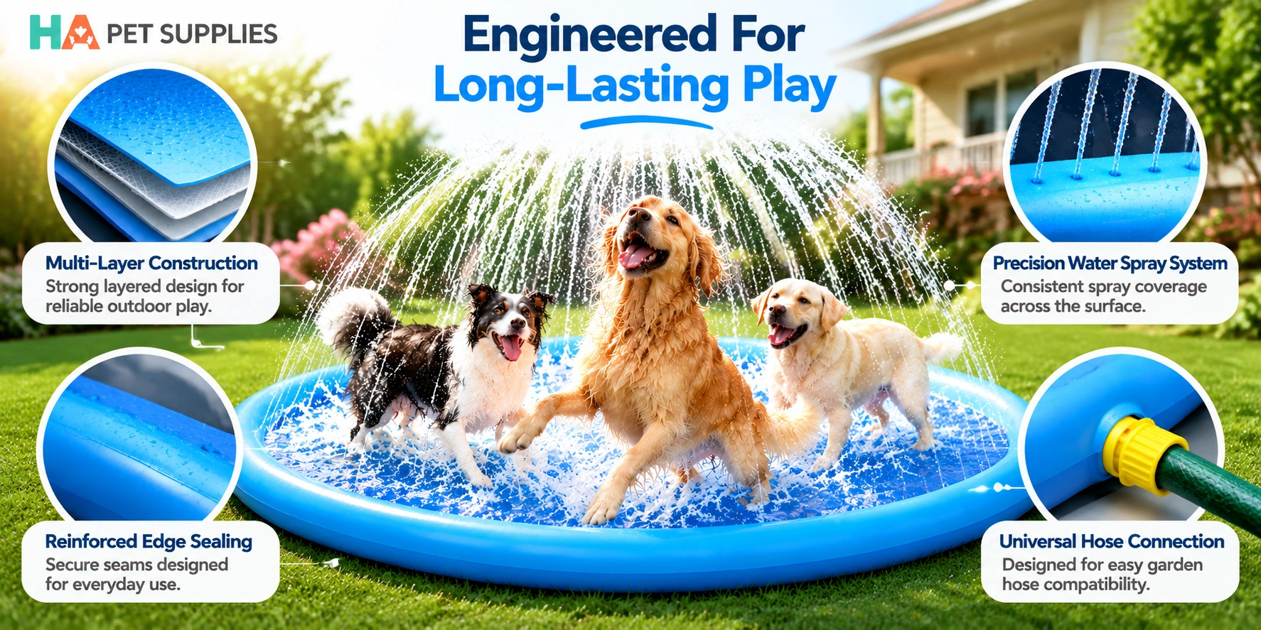 Durable Dog Splash Pad showing reinforced edges and hose connection design
