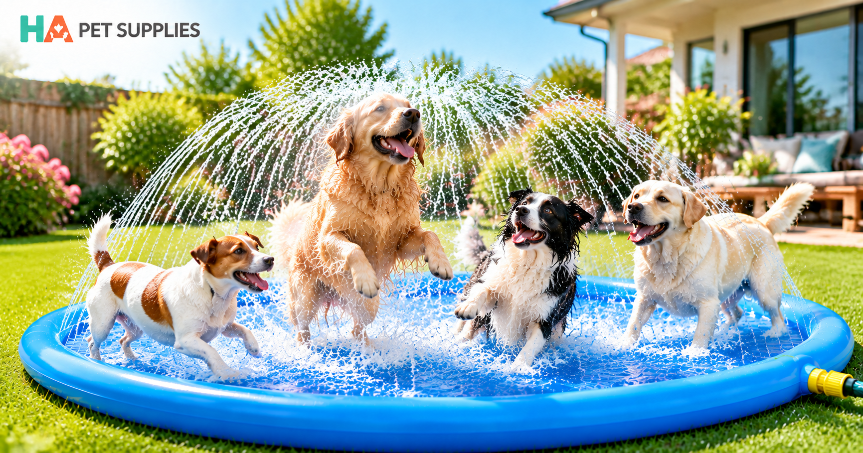 Four dogs playing together on a dog splash pad during summer outdoor activity