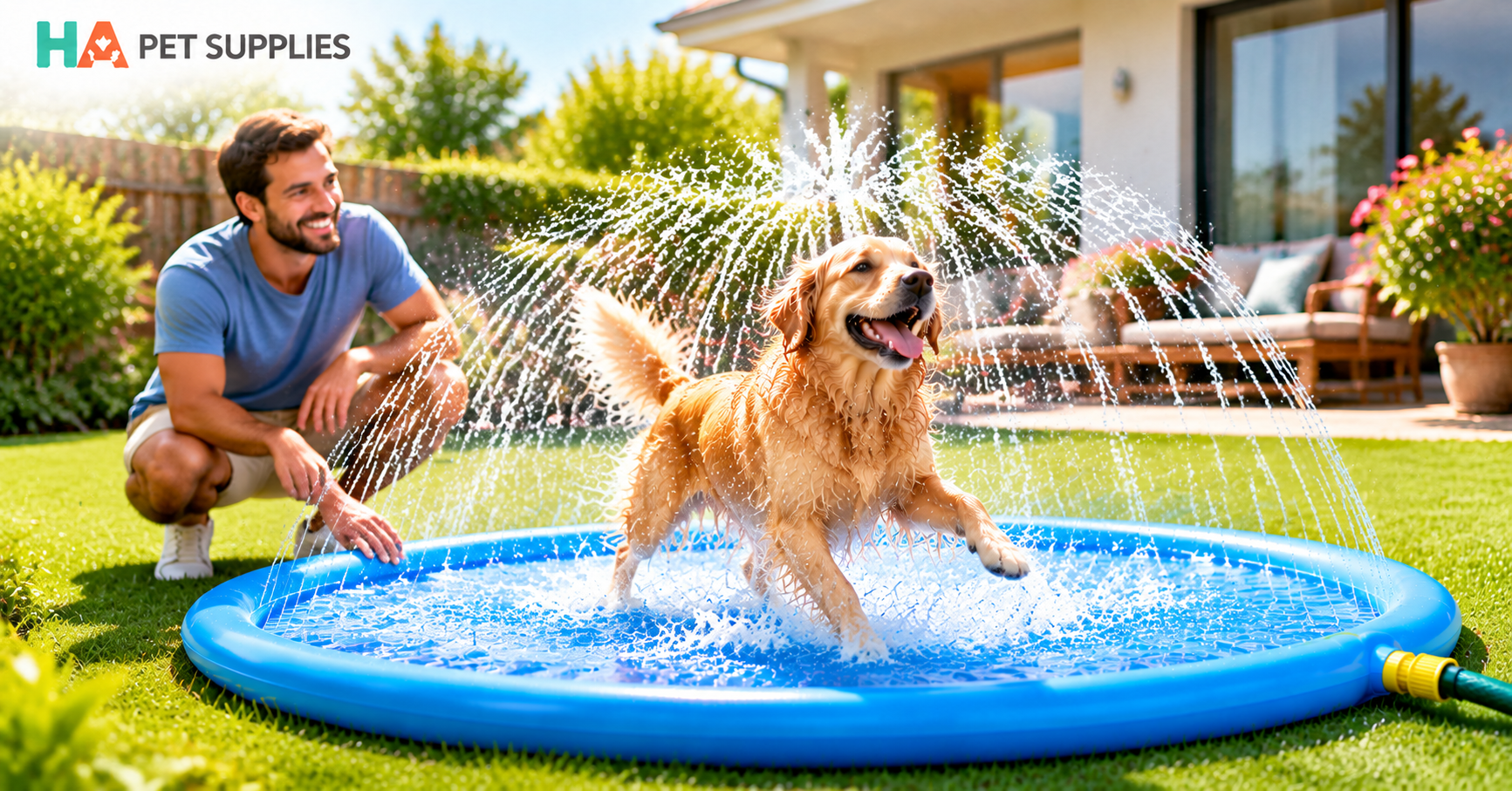 Owner supervising golden retriever safely playing on a dog splash pad