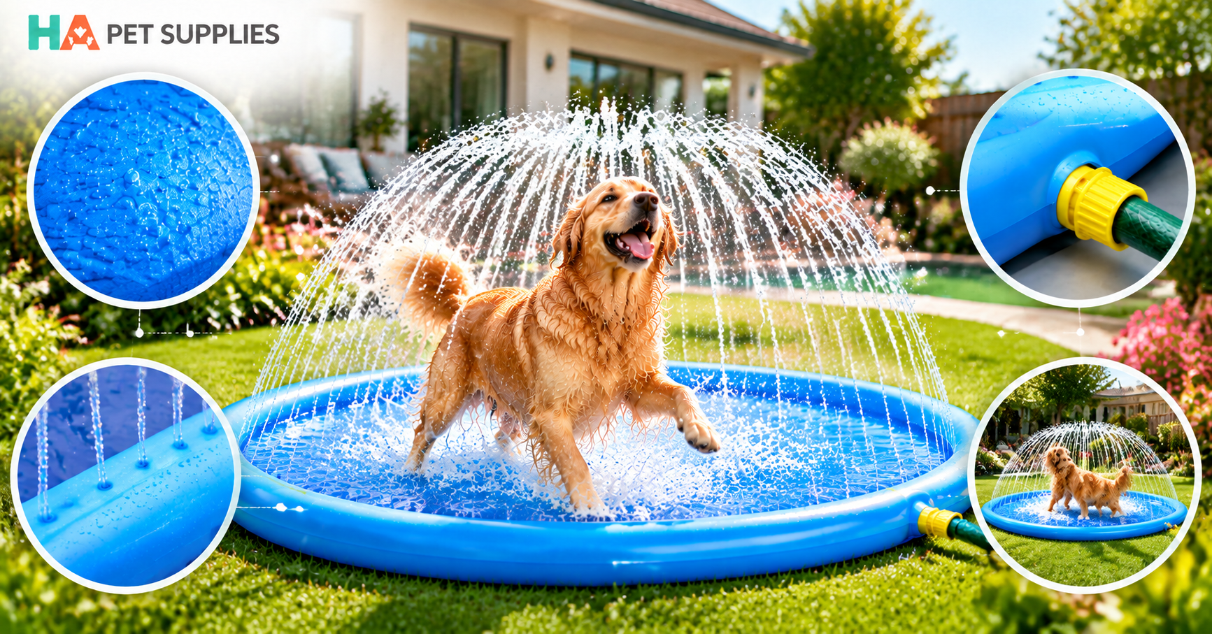 Dog splash pad diagram showing non slip texture and secure hose connection features