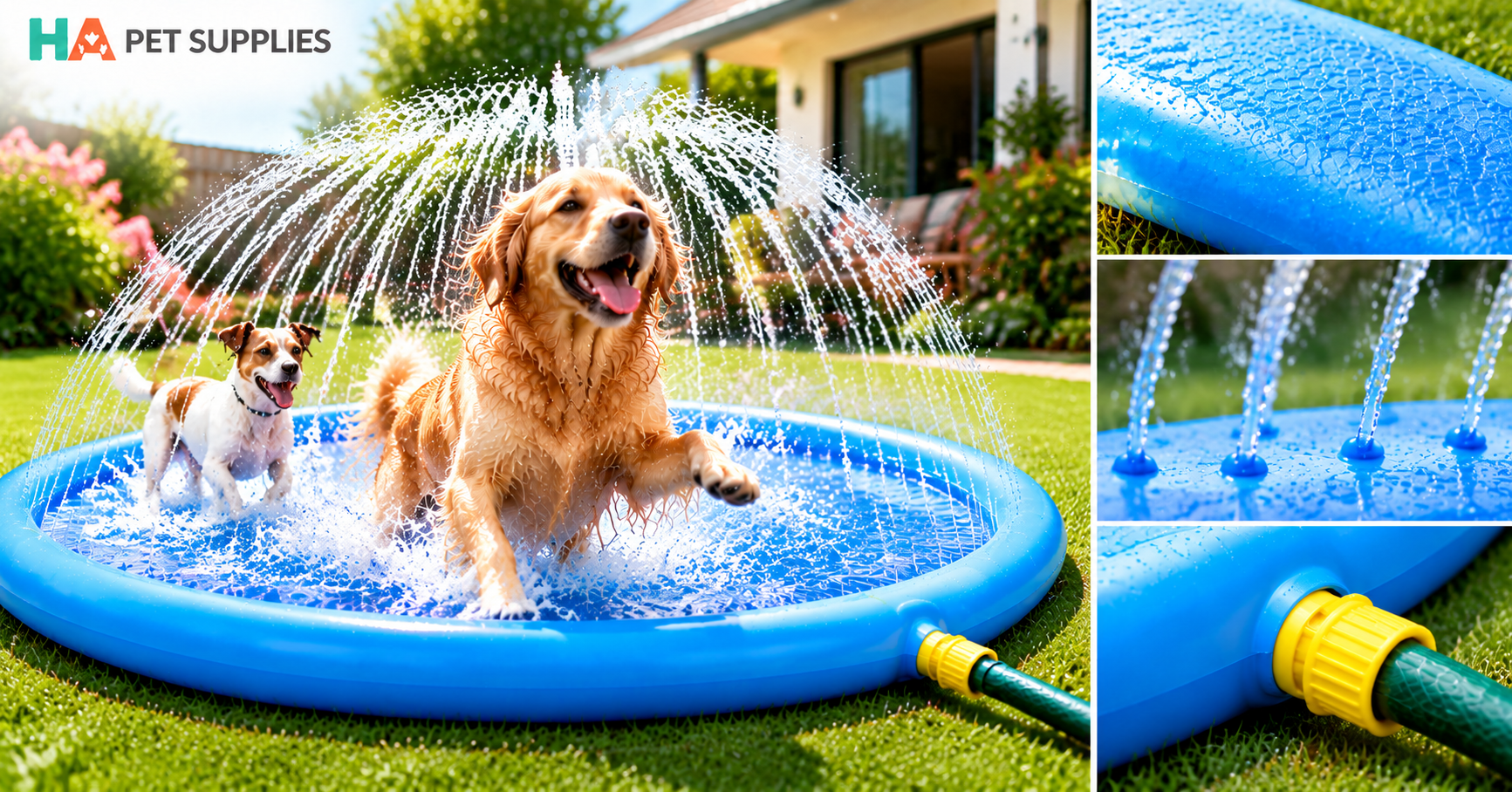 Close up view of durable dog splash pad material and spray nozzle design
