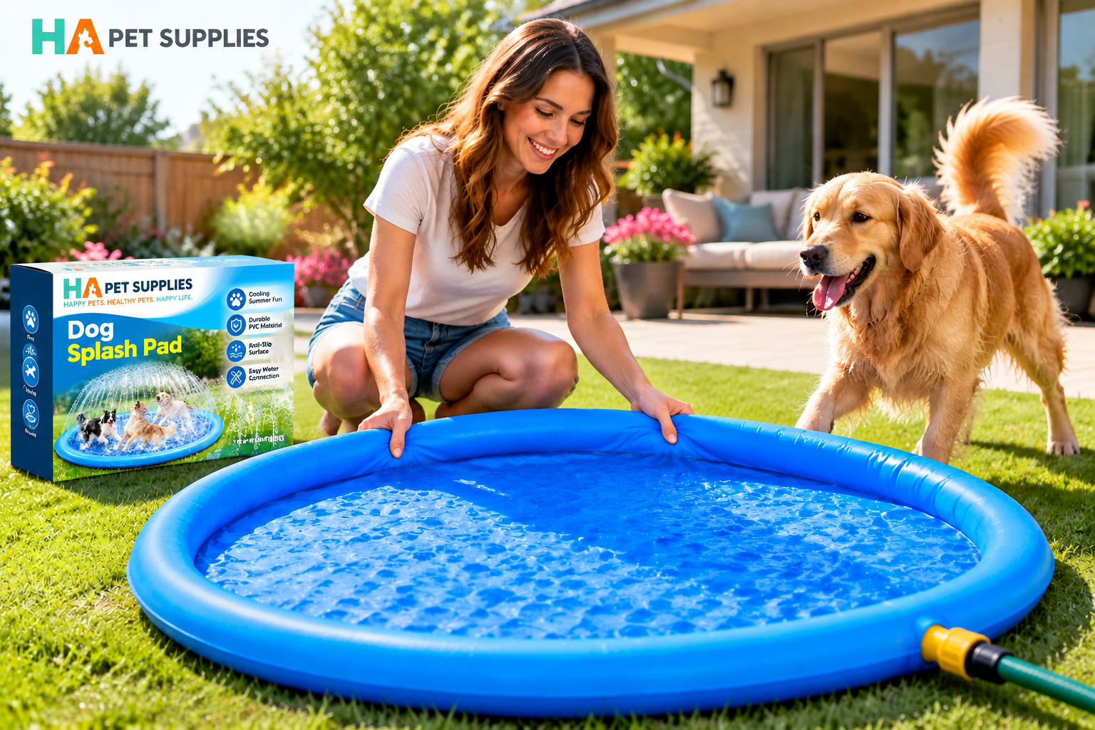Woman setting up a dog splash pad by attaching garden hose for quick outdoor setup