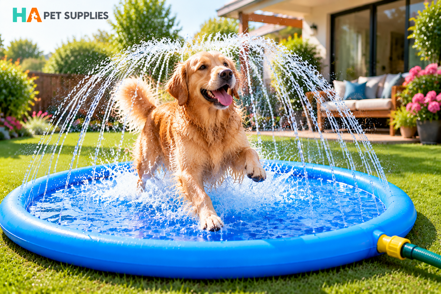 Golden retriever enjoying a safe non-slip dog water play mat in backyard