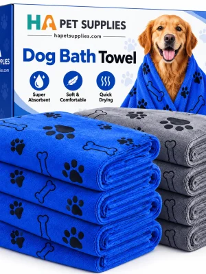 Dog bath towels in blue and grey with paw and bone prints