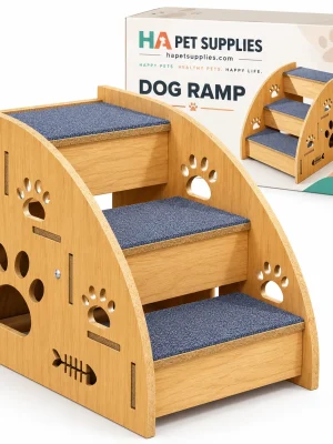 Wooden dog stairs with three non slip carpeted steps and paw print cutouts