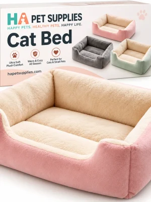 Pink plush cat bed with soft cream lining and raised cushioned sides