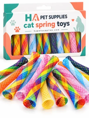 Colorful mesh cat spring toys with branded packaging