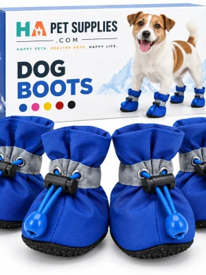 Blue dog boots with adjustable straps and non slip soles