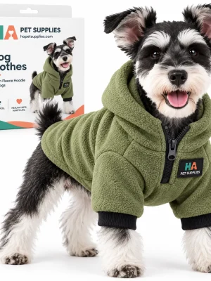 Schnauzer wearing olive green fleece dog hoodie