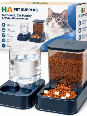 HA Pet Supplies automatic cat feeder and water dispenser set with retail packaging.