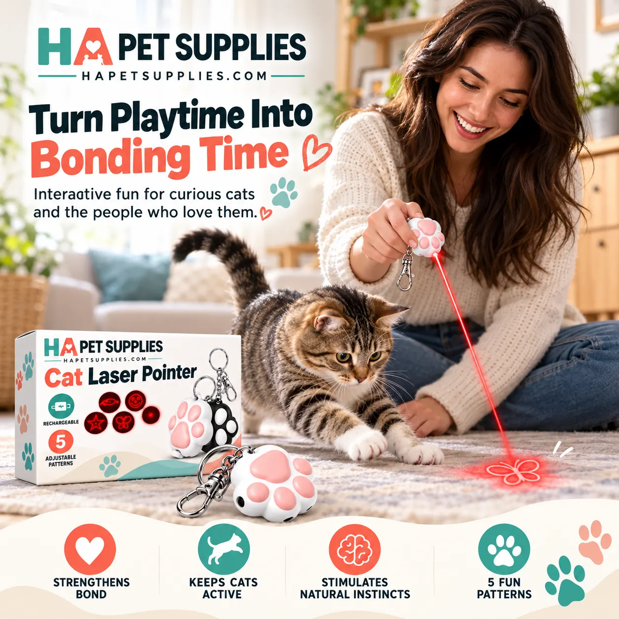Cat playing with a paw shaped laser pointer with owner