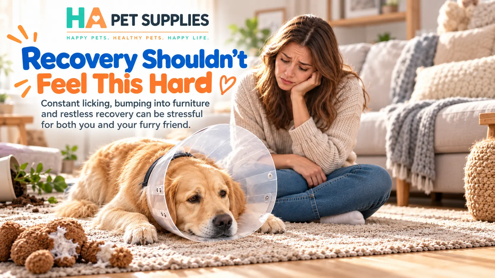 Dog recovery collar story showing Golden Retriever uncomfortable in plastic cone