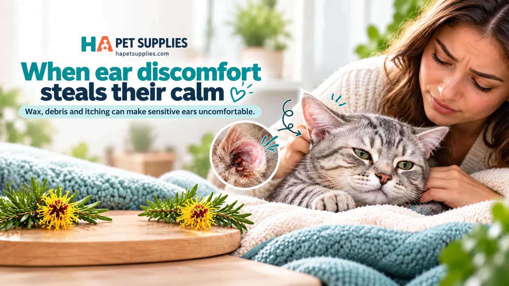 Cat ear wipes guide showing tabby cat ear discomfort