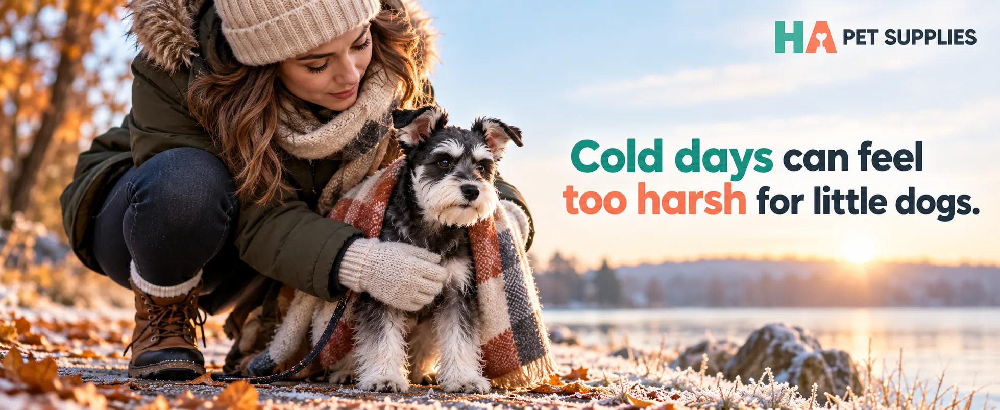 Dog clothes for winter showing a small Schnauzer with its owner on a cold day