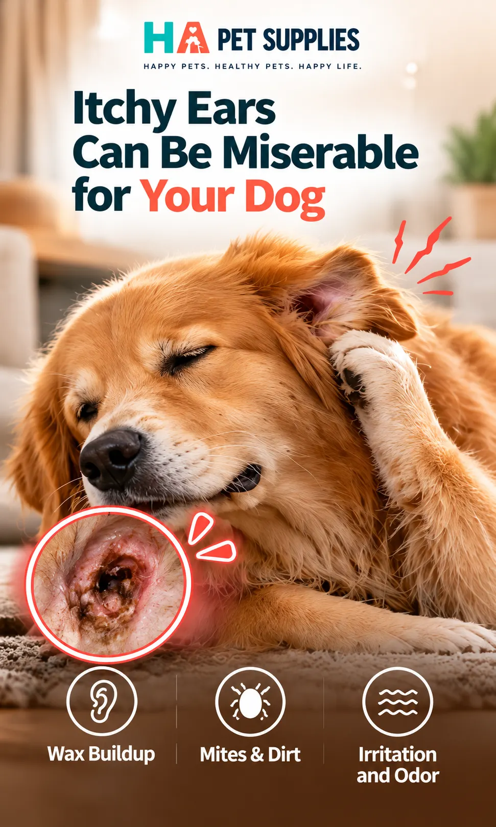 Dog ear wipes guide showing itchy Golden Retriever