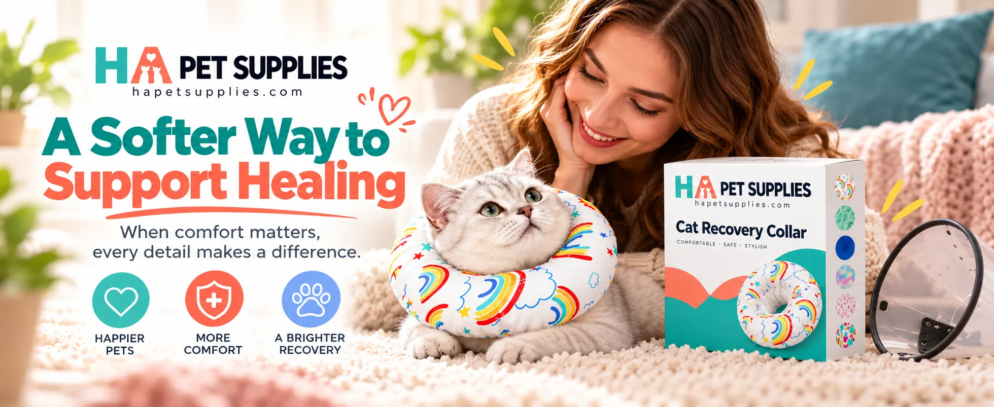 Soft cat recovery collar with rainbow print offering padded neck comfort