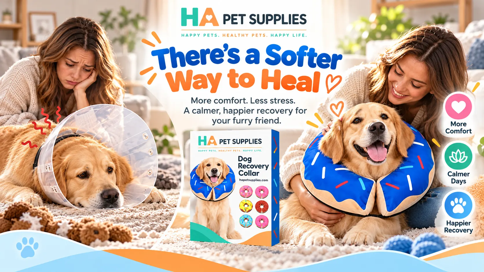 Golden Retriever comparing plastic dog cone and soft donut recovery collar