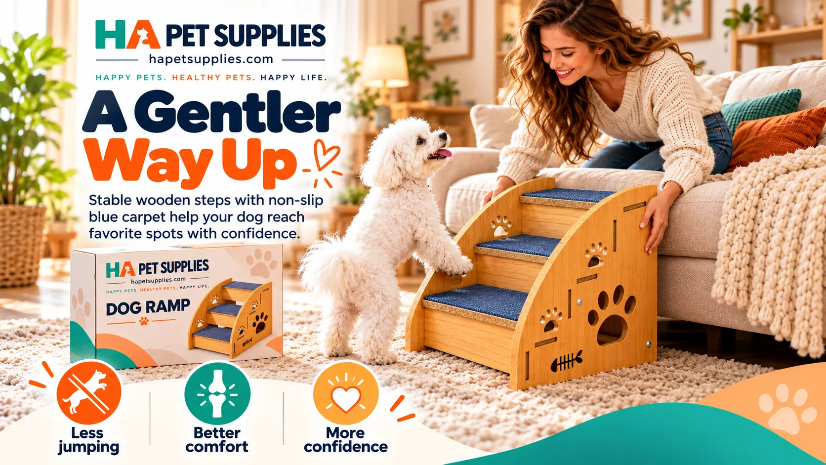 Wooden dog steps with blue carpet beside sofa