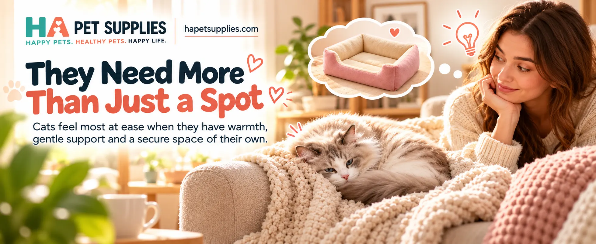 Indoor cat bed solution with soft pink plush cushioning