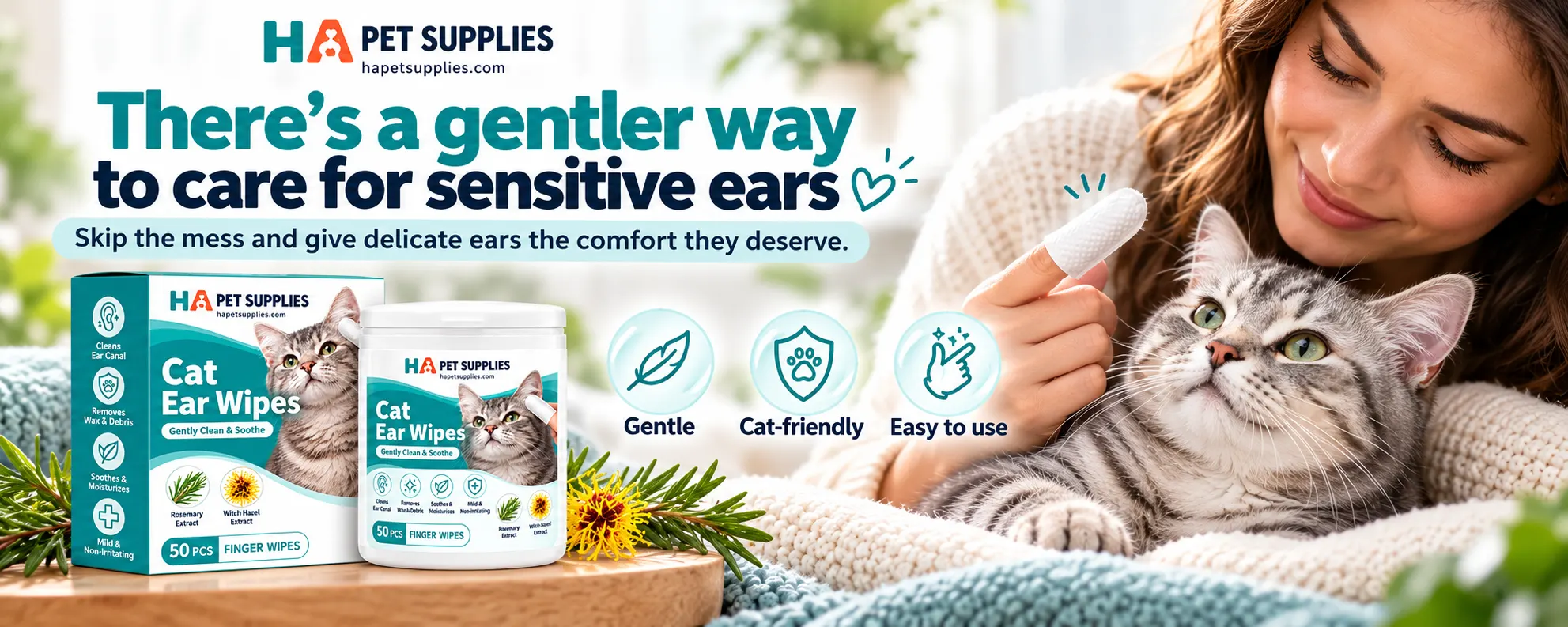 Cat ear wipes for gentle sensitive ear cleaning