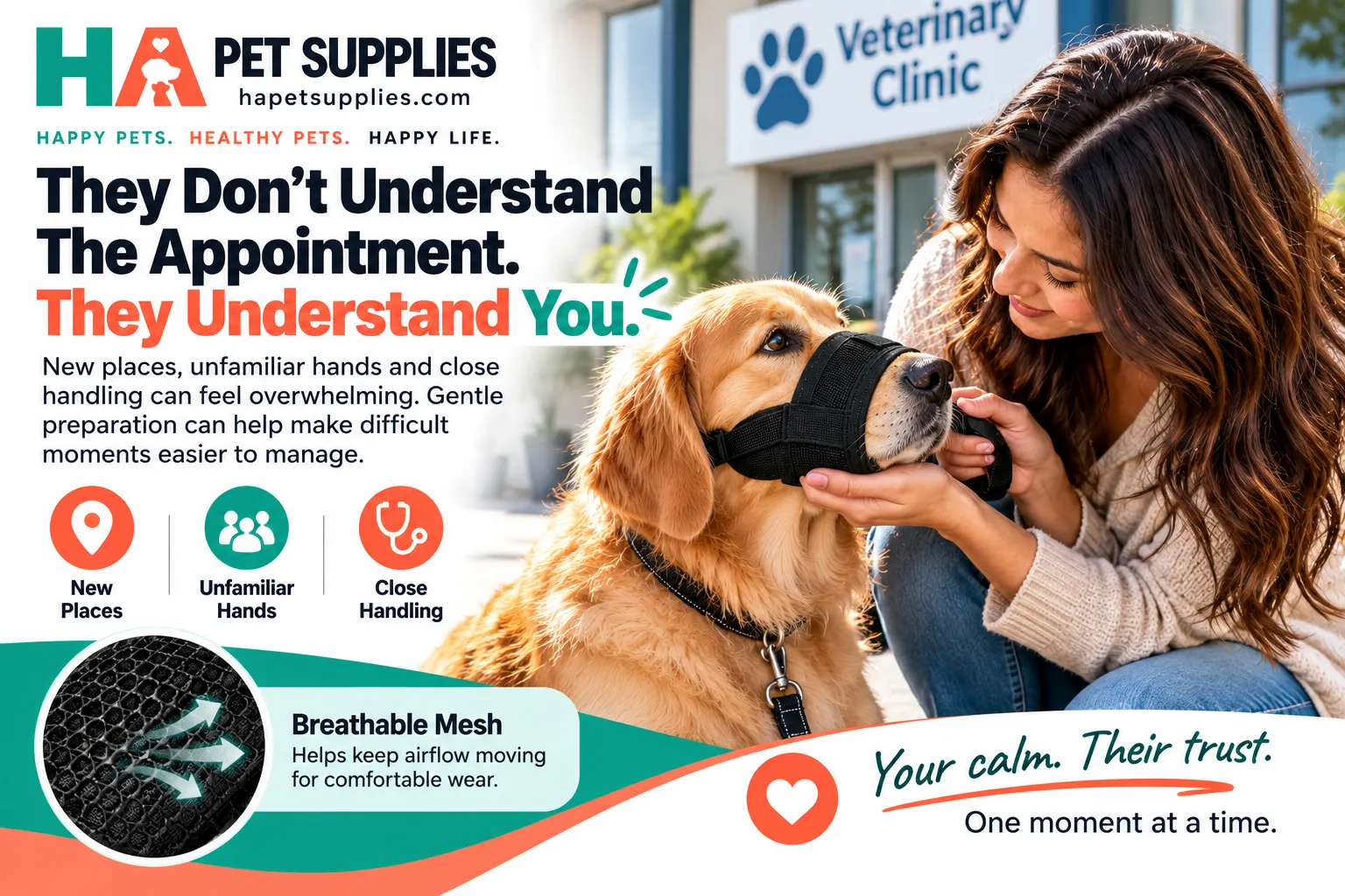 Breathable dog muzzle for comfortable vet visits by HA Pet Supplies