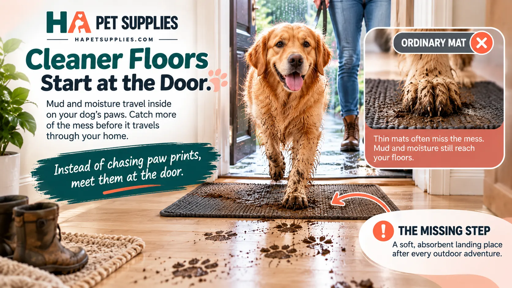 dog door mat for muddy paws absorbing moisture at an entrance