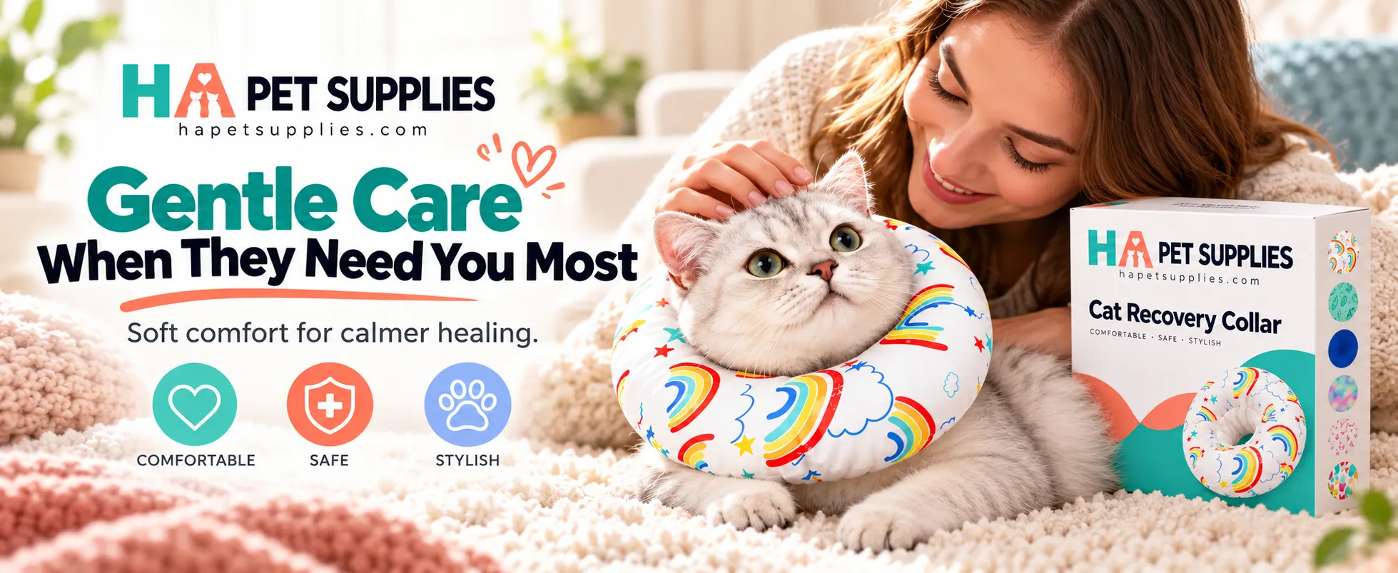 Cat wearing a recovery collar while receiving gentle care from its owner