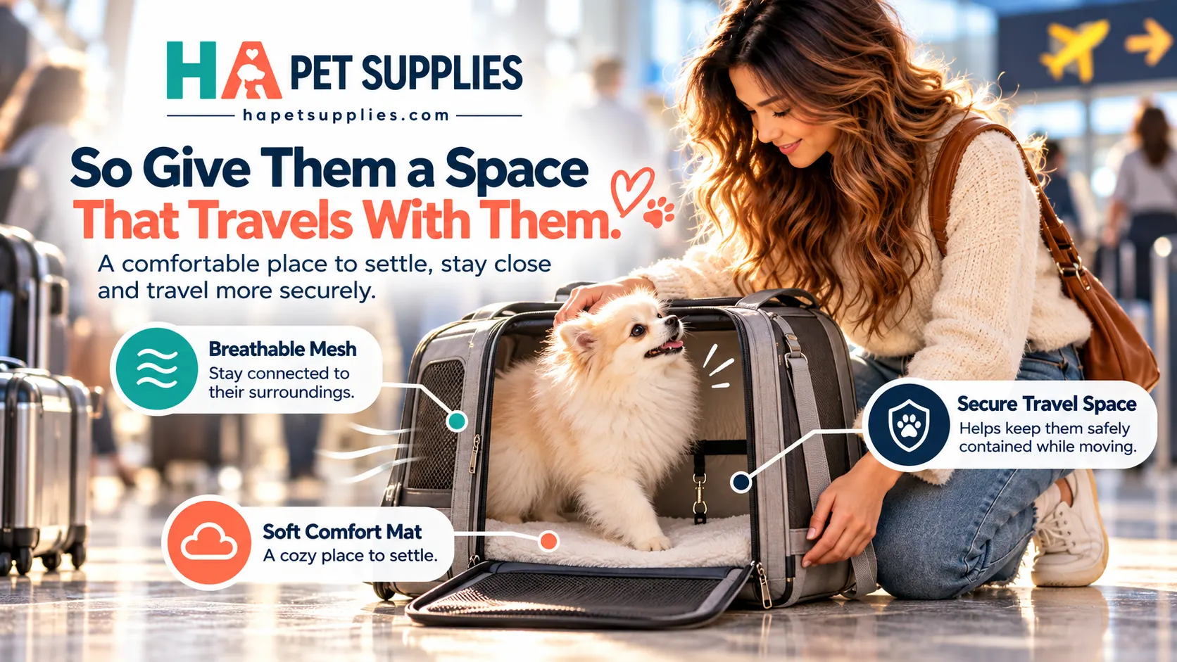 Dog airline carrier with breathable mesh soft comfort mat and secure travel space