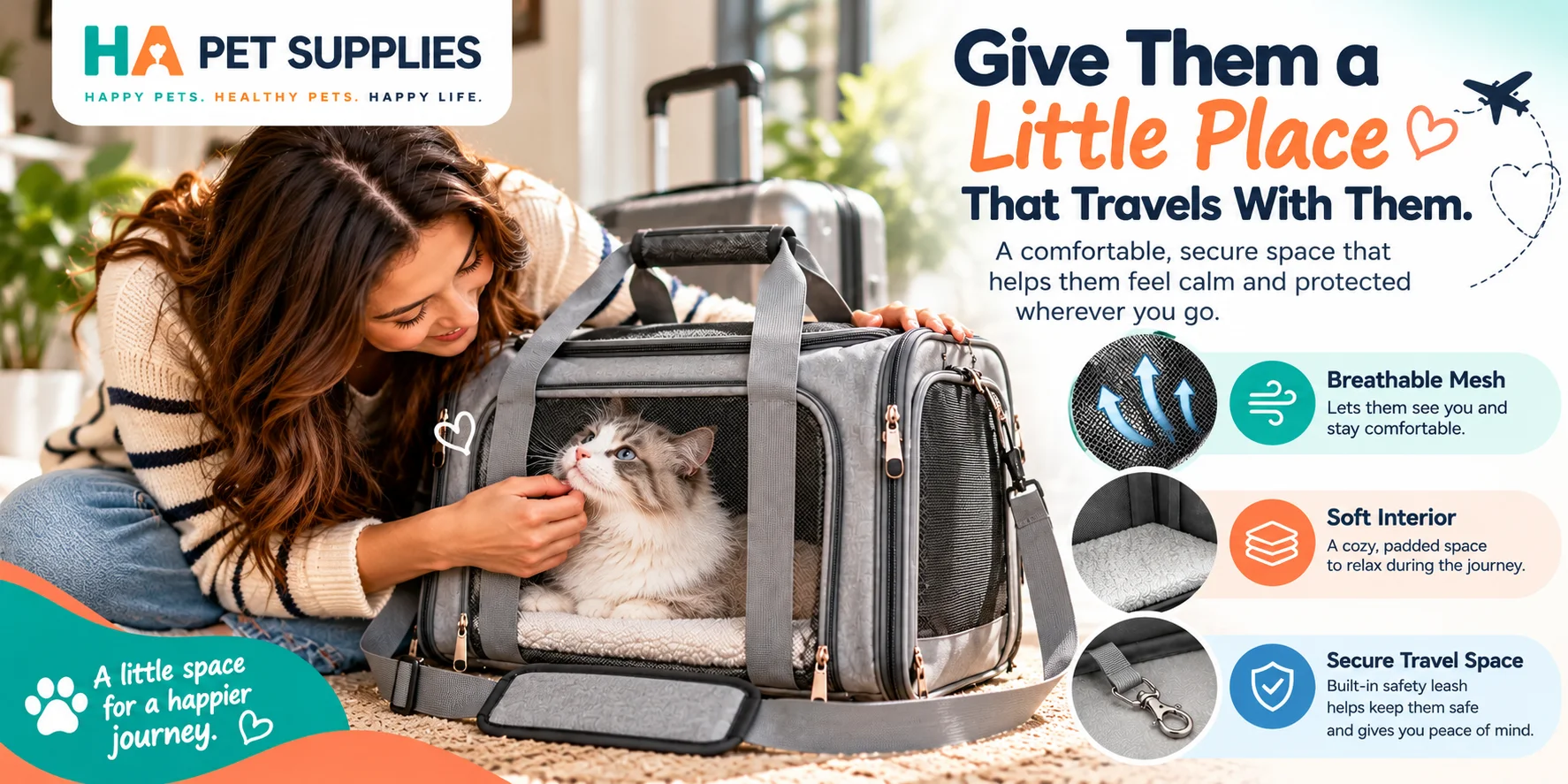 Cat airline carrier with breathable mesh soft interior and secure travel space