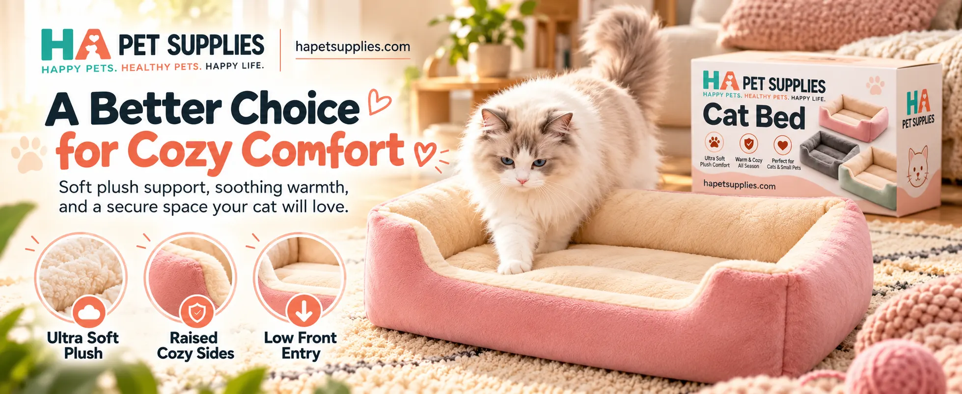 Fluffy cat entering HA Pet Supplies pink plush cat bed