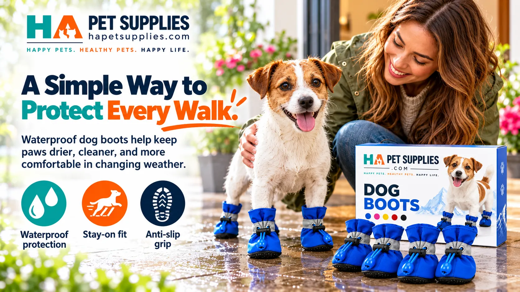 Waterproof dog boots in blue for wet weather walks