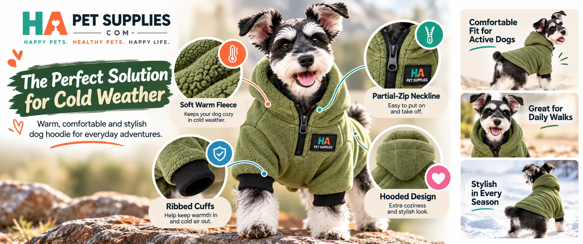 Green fleece dog clothes featuring a partial zip neckline, hood and ribbed cuffs