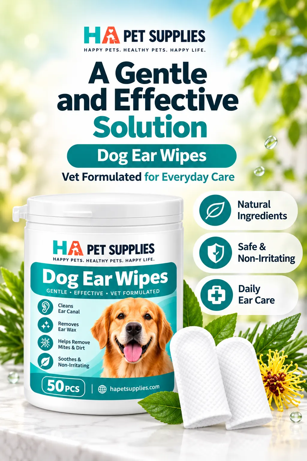 HA dog ear wipes for gentle everyday ear cleaning