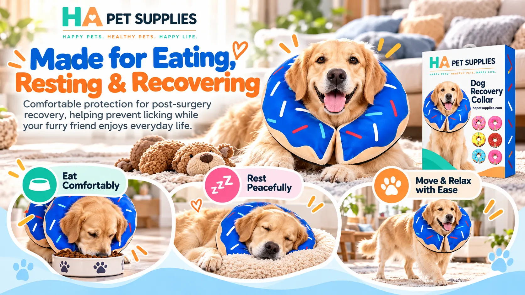 Golden Retriever eating and resting while wearing soft dog recovery collar