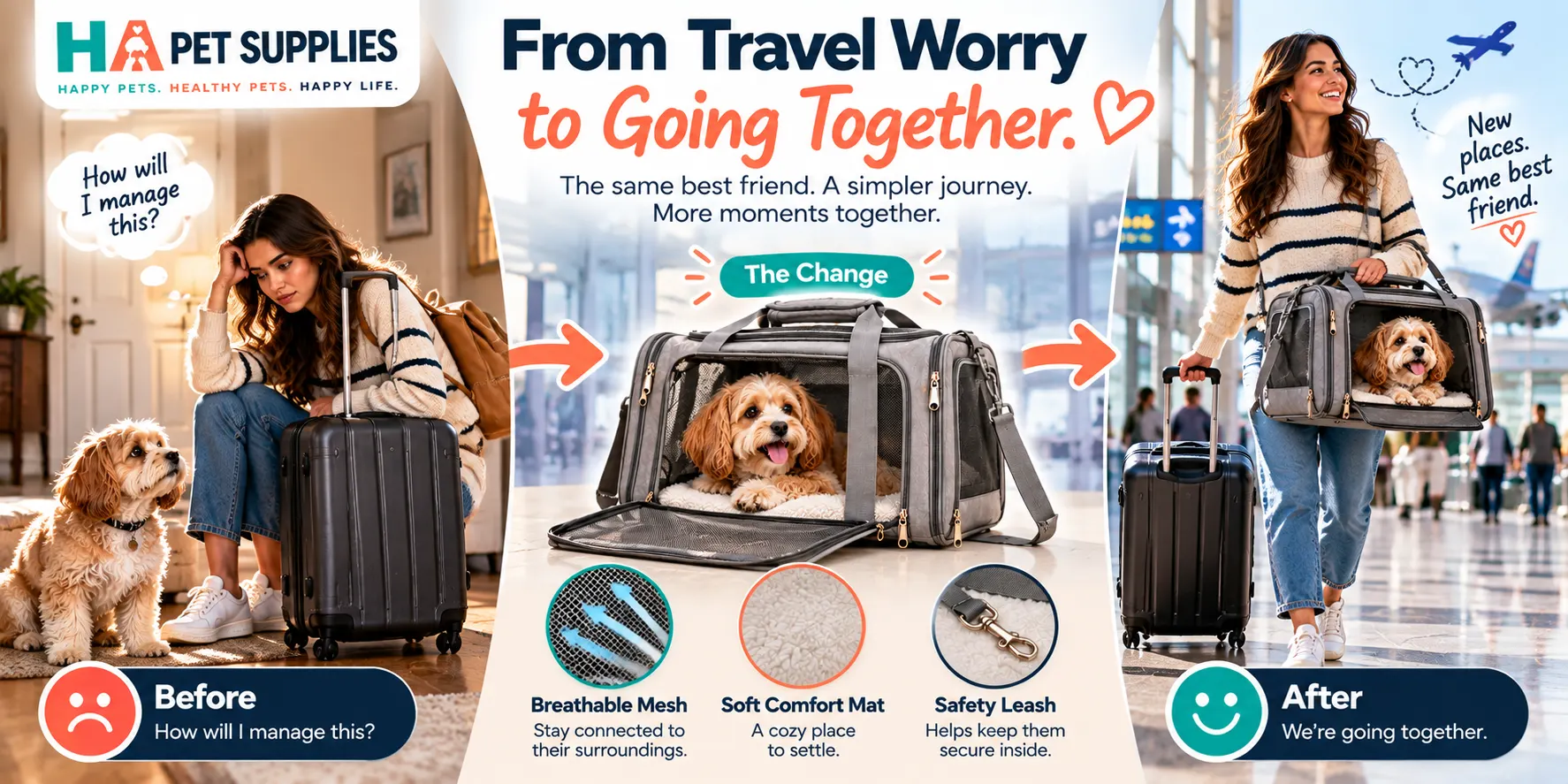 Dog carrier for air travel showing a journey from preparation to airport travel