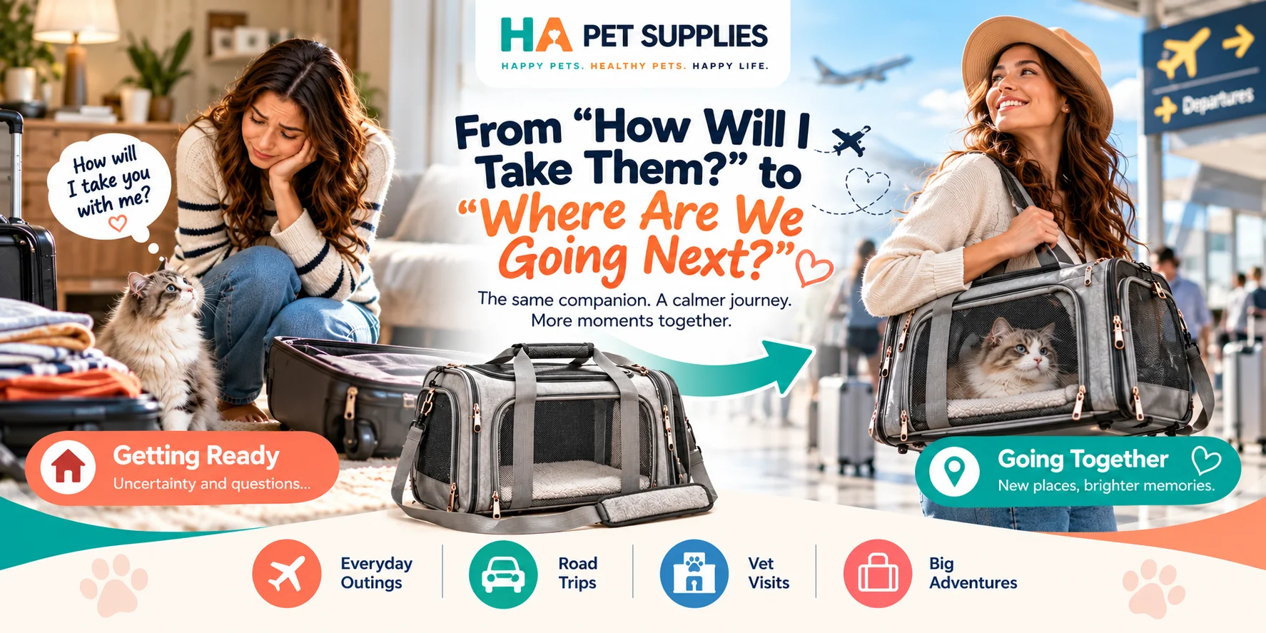 Cat carrier for plane travel showing journey from home preparation to airport