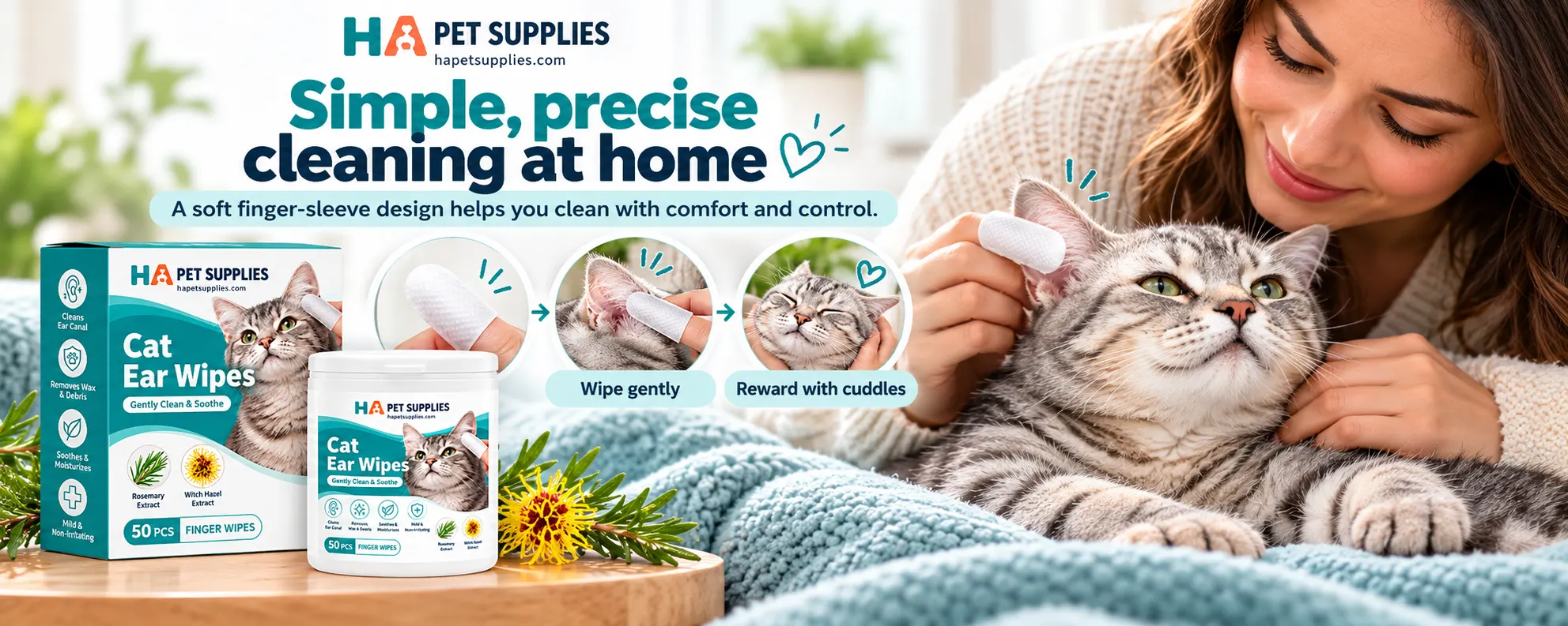 Woman using cat ear wipes on a gray tabby cat