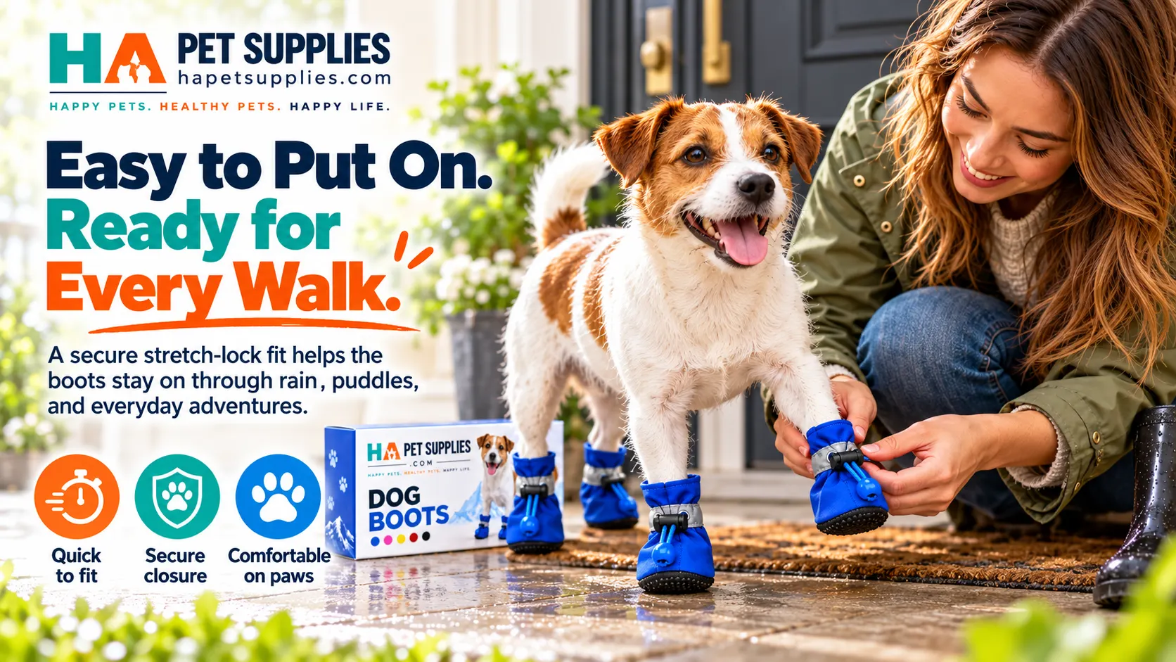 Blue dog boots with adjustable closure for walking