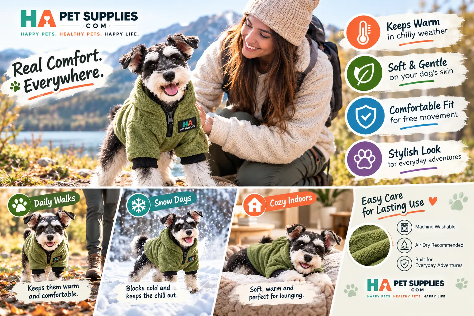 Small dog wearing olive green winter dog clothes during an outdoor walk
