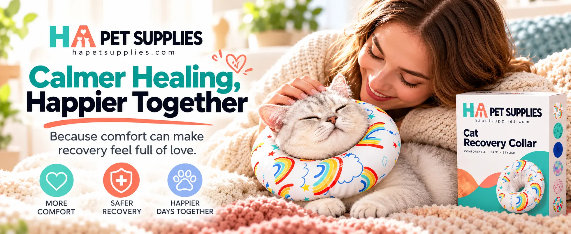 Relaxed cat wearing a soft recovery collar beside a caring pet owner