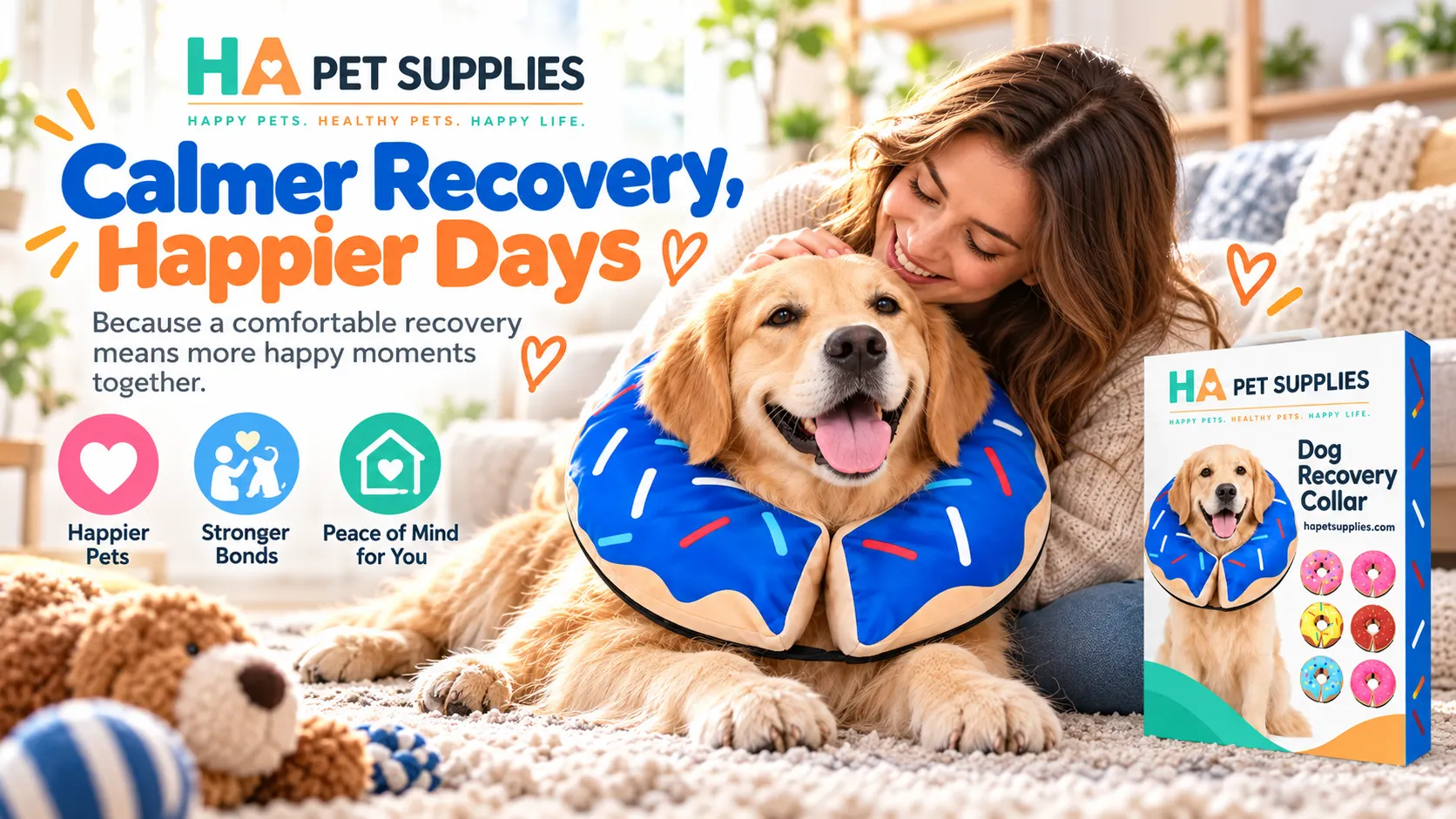 Happy Golden Retriever wearing HA Pet Supplies dog recovery collar