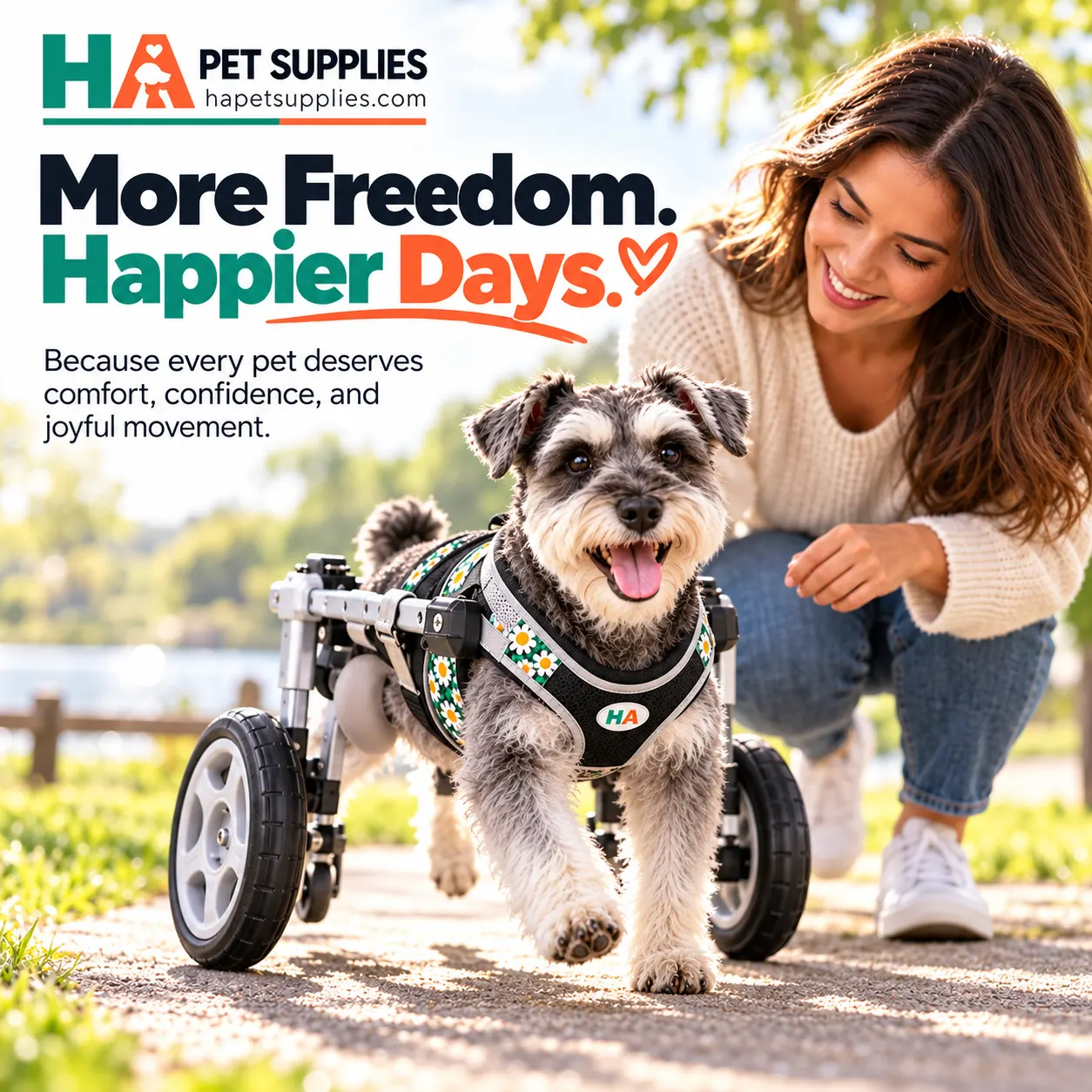 Dog wheelchair helping Schnauzer walk outdoors