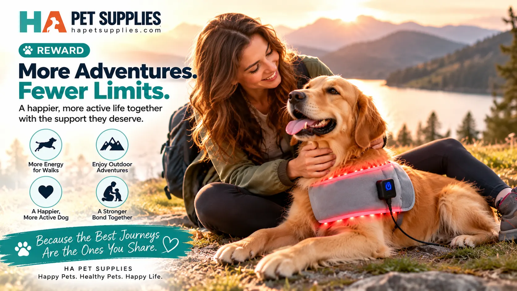 Dog outdoors with owner wearing a red light therapy wrap