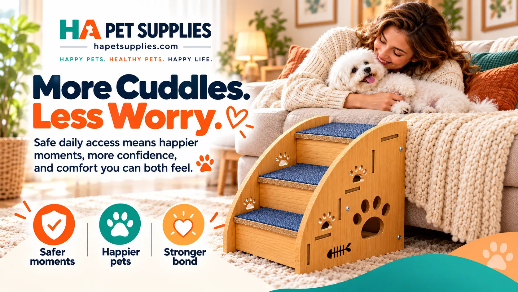 Woman cuddling dog beside wooden stairs with blue carpet