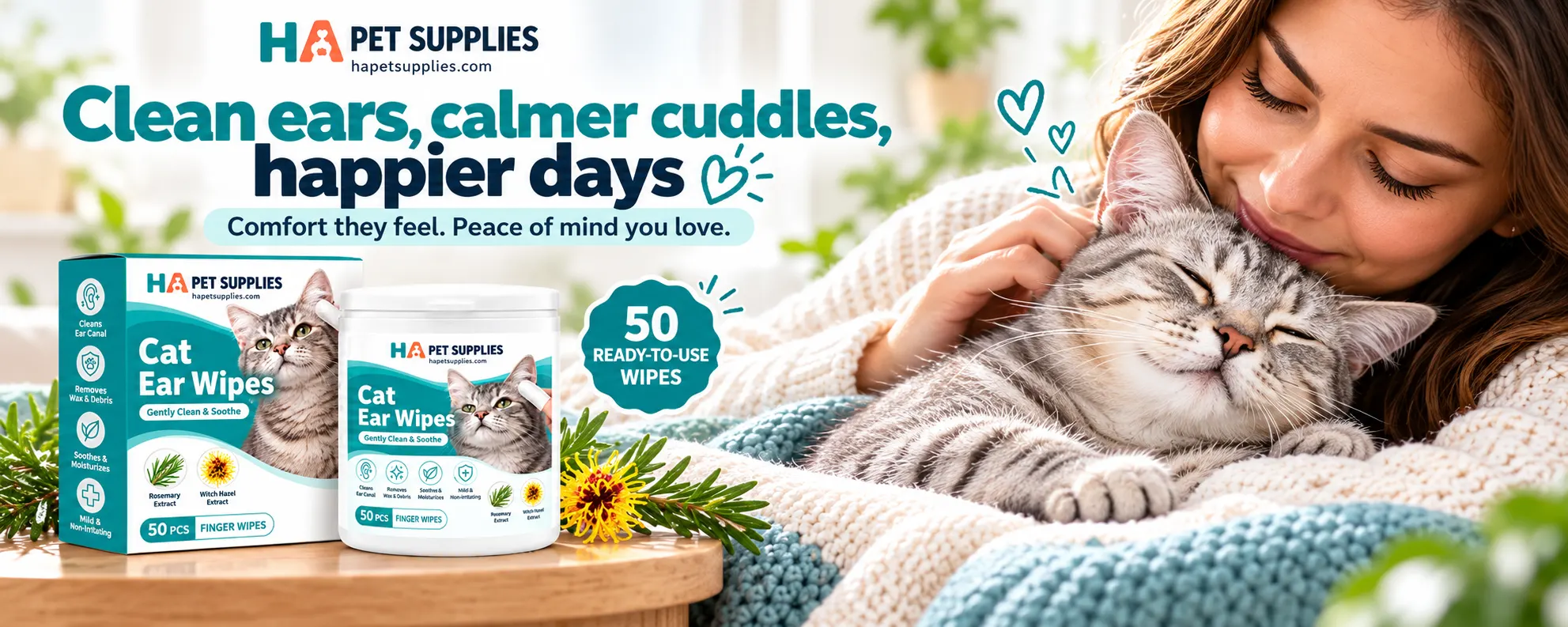 Happy tabby cat enjoying cuddles after gentle ear care