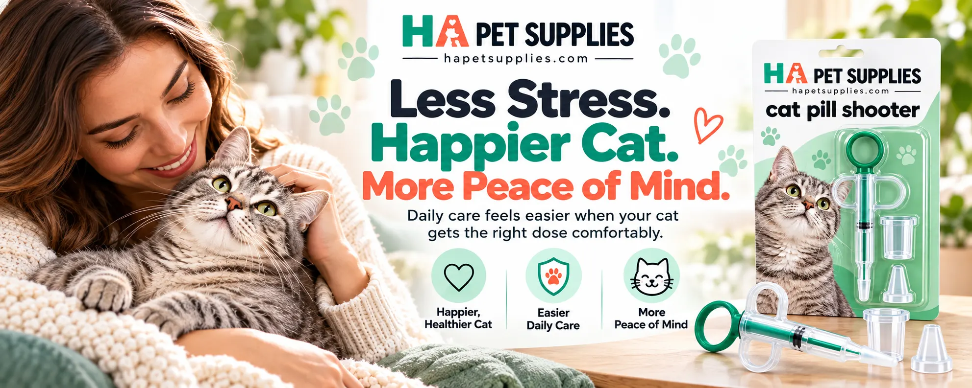Relaxed tabby cat beside HA Pet Supplies pill shooter