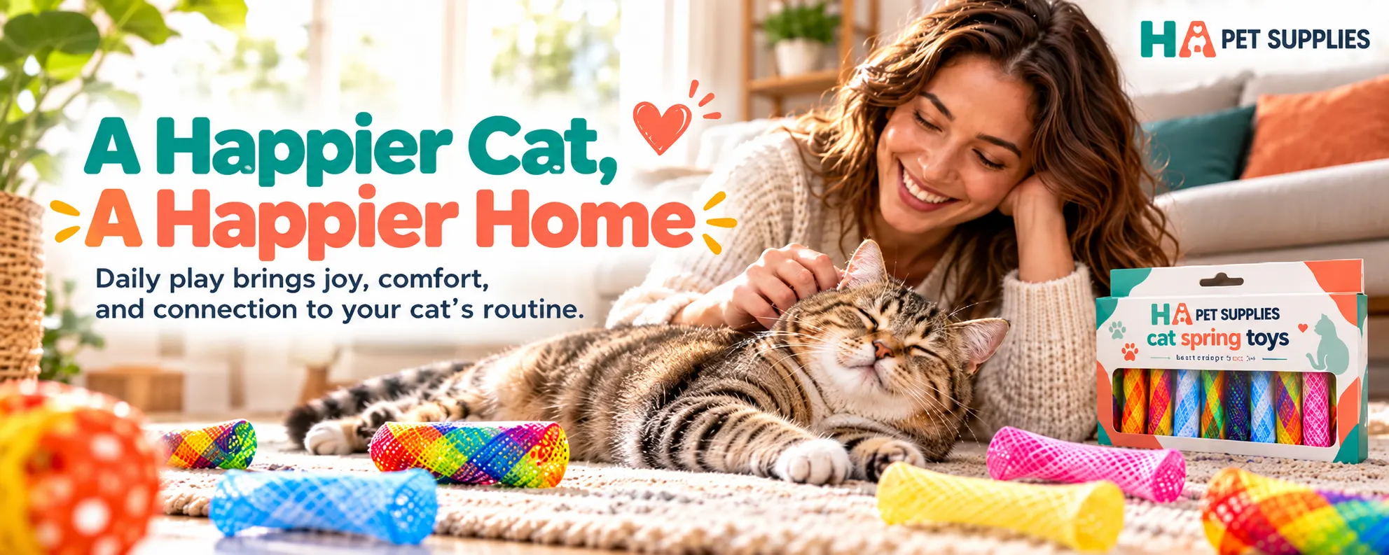 Relaxed indoor cat beside colorful cat spring toys