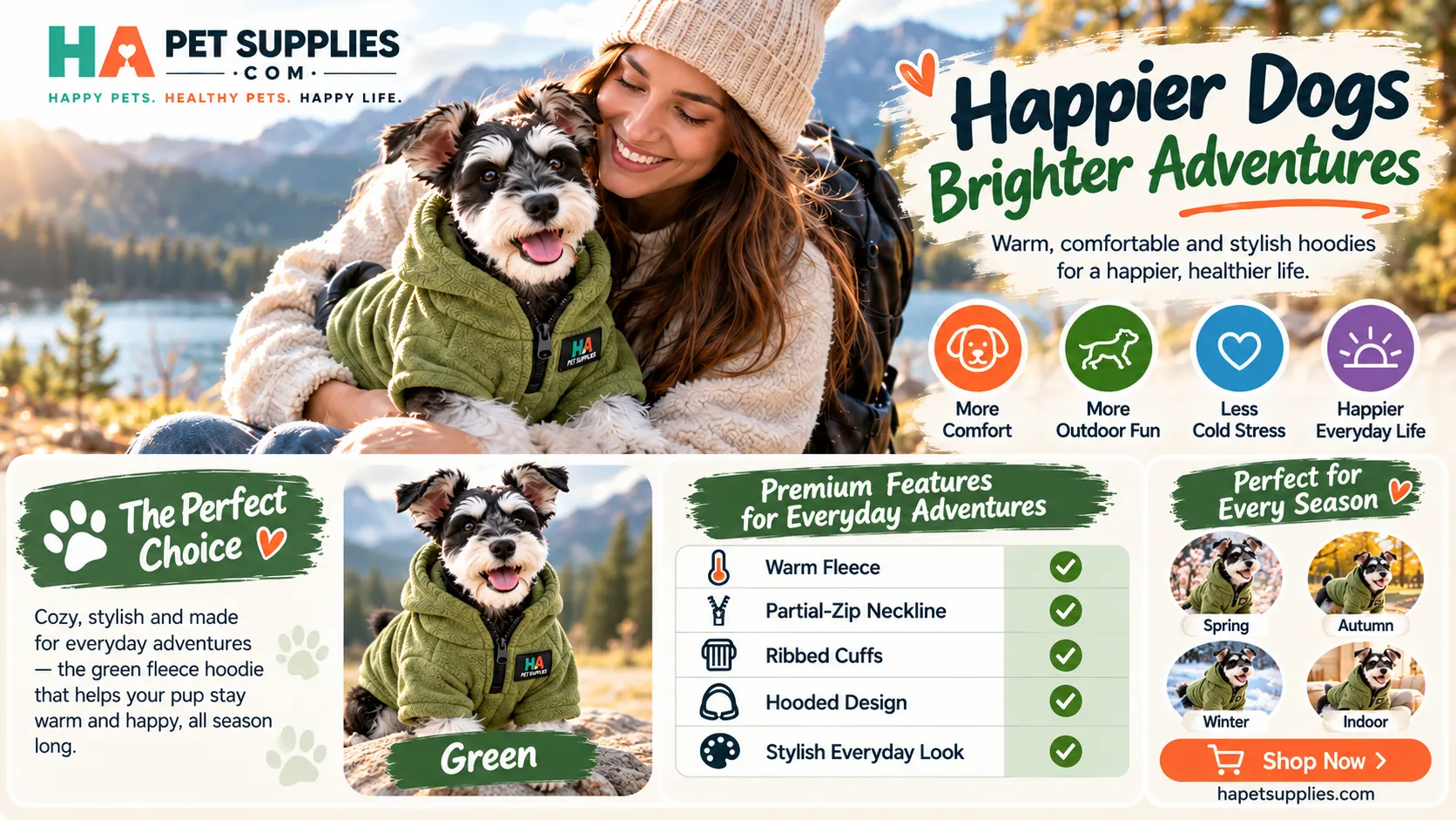 Happy Schnauzer modeling olive green dog clothes for seasonal walks and outdoor adventures
