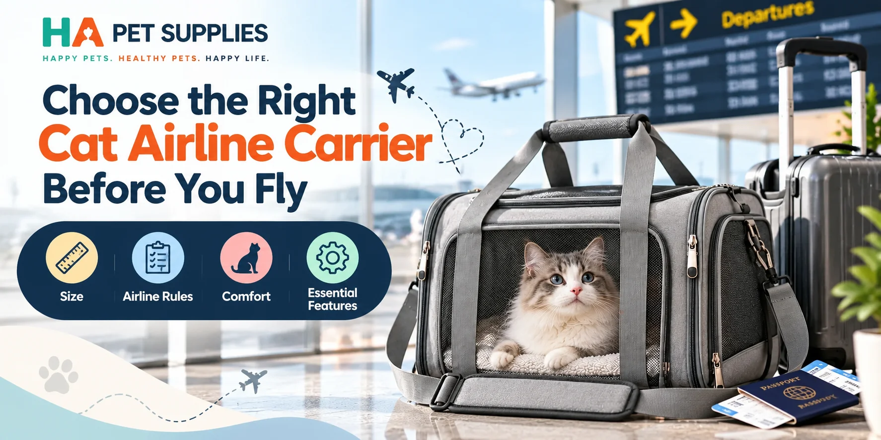 cat airline carrier at airport before flying