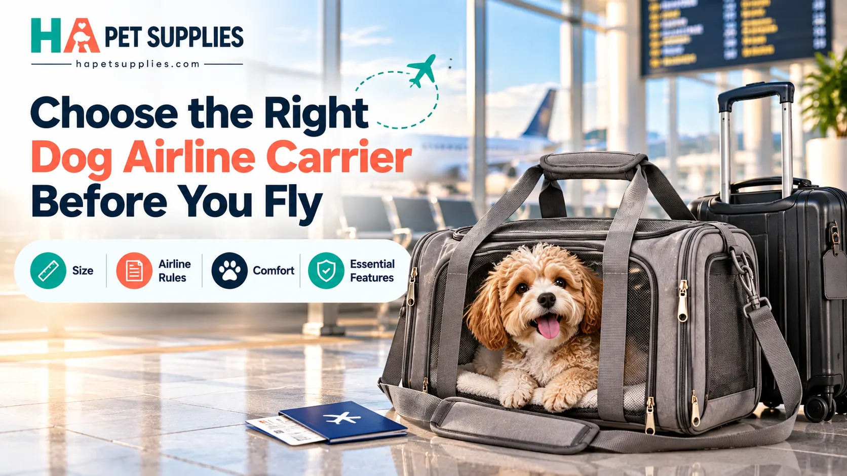 Dog airline carrier at airport with essential air travel features